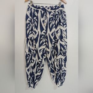 Rachel Zoe Linen Blend Tropical Print Navy Blue White Jogger Pant Size XL